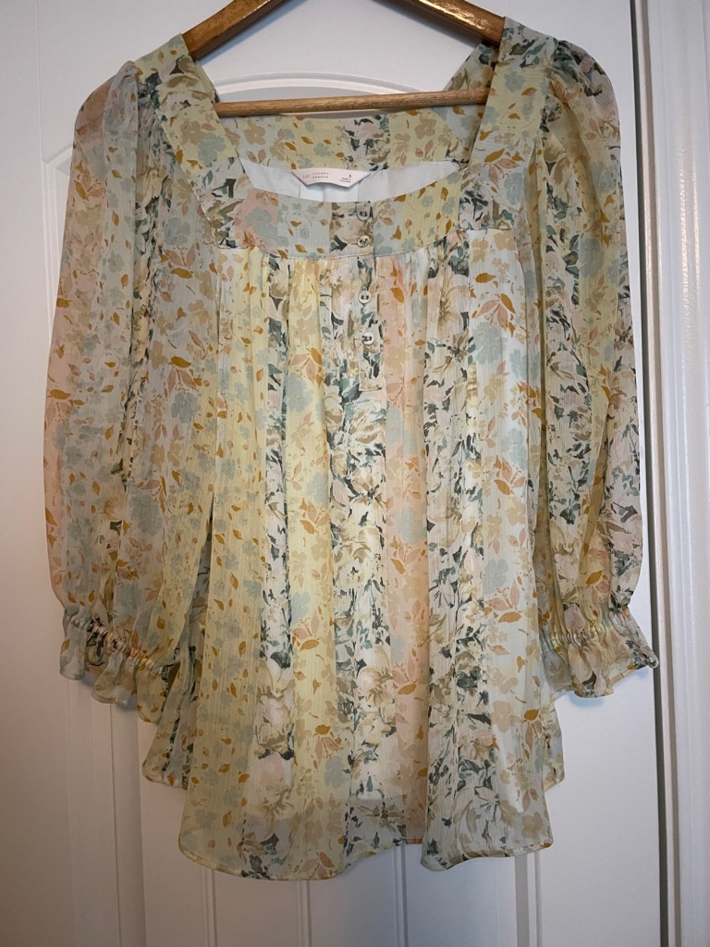 LC Lauren Conrad Pale Yellow & Sage Floral Sheer Puff-Sleeve Blouse